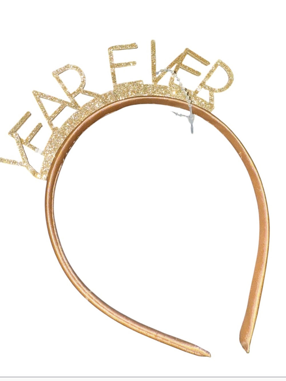 gold-toned, glitter-lettered headband that appears to read "YeAR EVER" or a simi